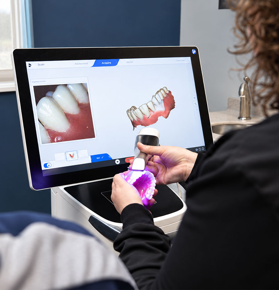Dental professional scanning a dental model while a nearby monitor displays digital images of teeth.